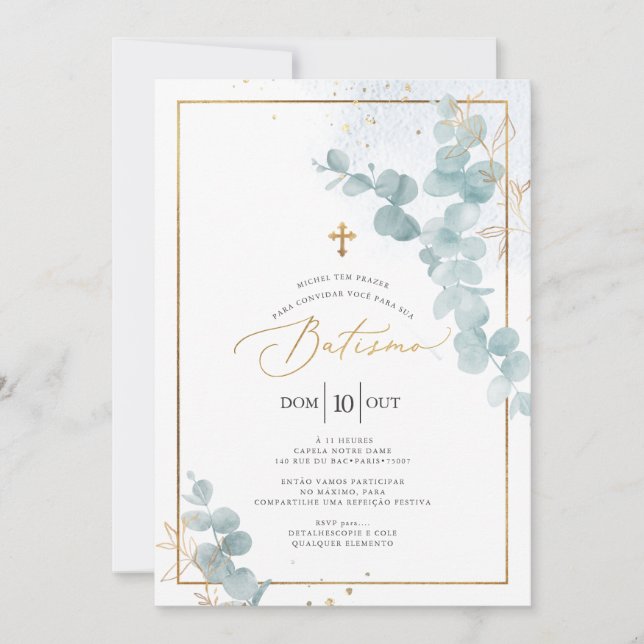 Invitation PixDezines Batismo de eucalipto rústico em aquarel (Devant)