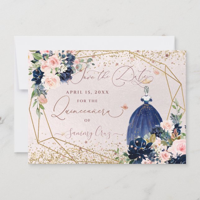 Invitation PixDezines bleu marine Enregistrer la date Quincea (Devant)