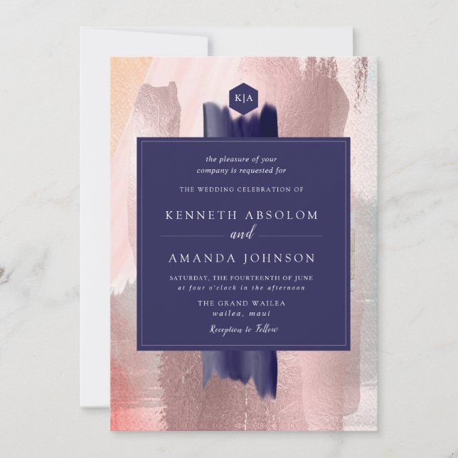 Invitation PixDezines Bloc de Couleurs Navy Rose Or Argent (Devant)