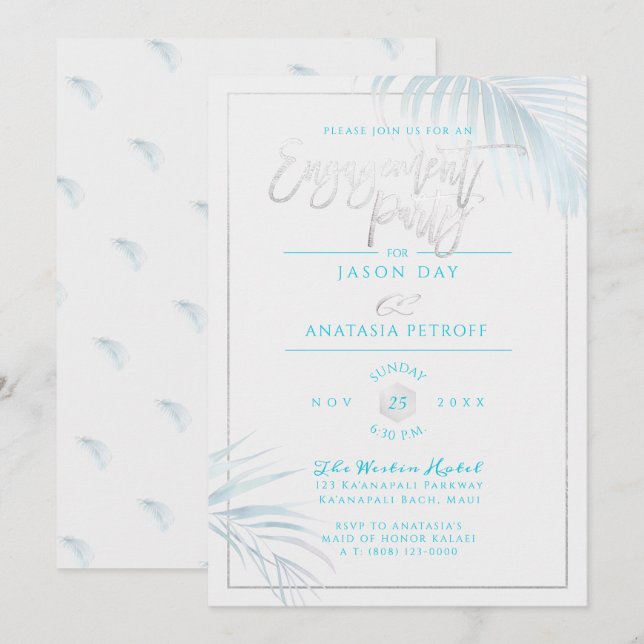 Invitation PixDezines Blue+Argent Palms, Partie d'engagement (Devant / Derrière)