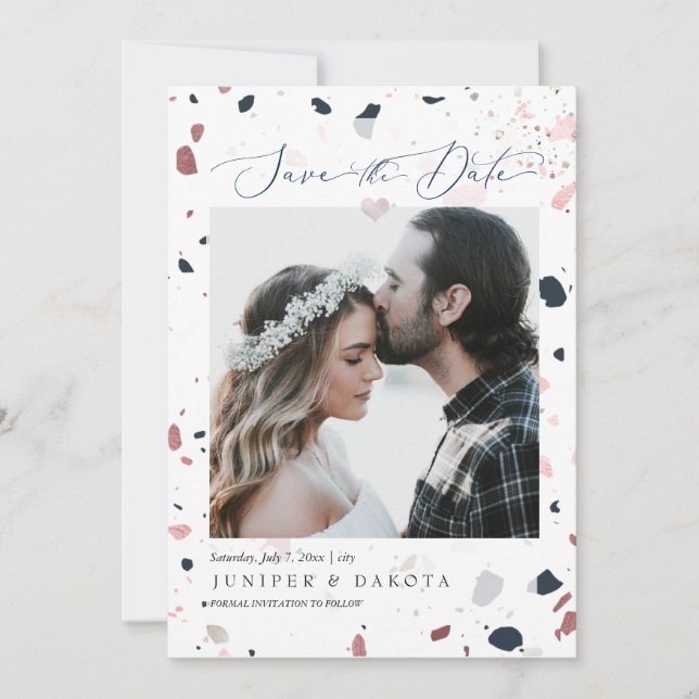 Invitation PixDezines Blue Blush Terrazzo, Photo Date d'enreg (Devant)