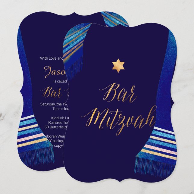 Invitation PixDezines ✡ Blue Tallit Bar Mitzvah (Devant / Derrière)