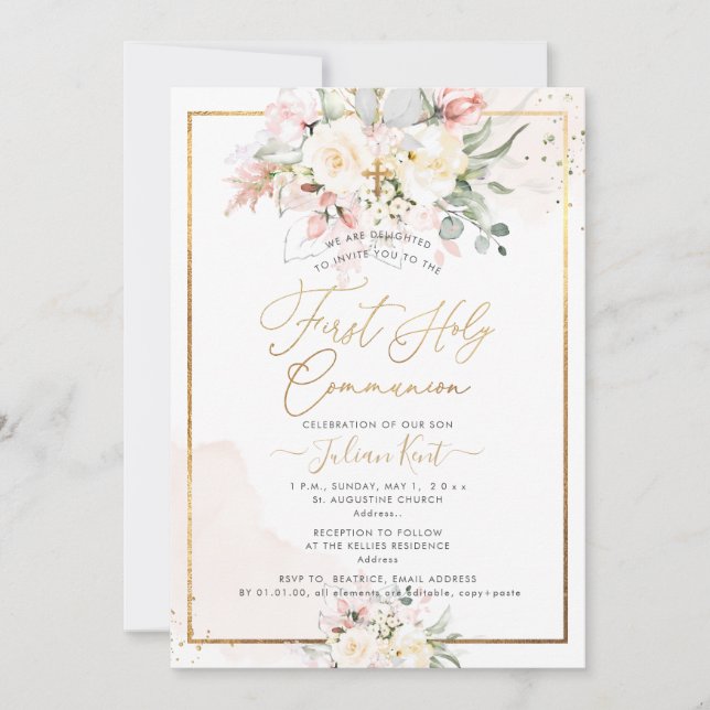 Invitation PixDezines Blush Alabaster Communion Rose (Devant)