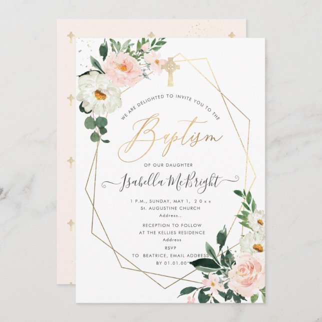 Invitation PixDezines Blush Pink Aquarelle Flowers Baptême (Devant / Derrière)