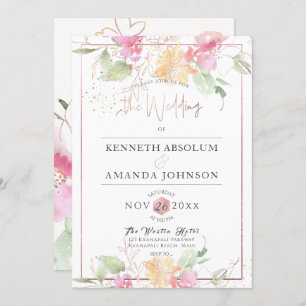 Invitation PixDezines Blushing Romance, Fleurs Aquarelles