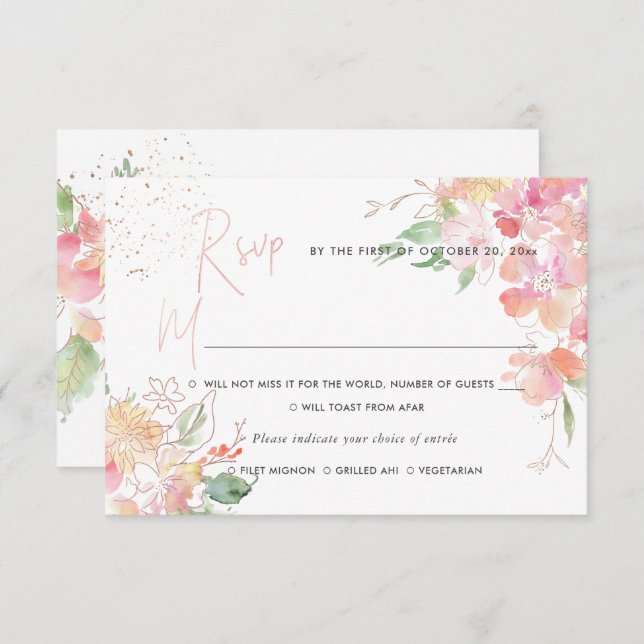 Invitation PixDezines Blushing Romance Floral RSVP w Repas (Devant / Derrière)