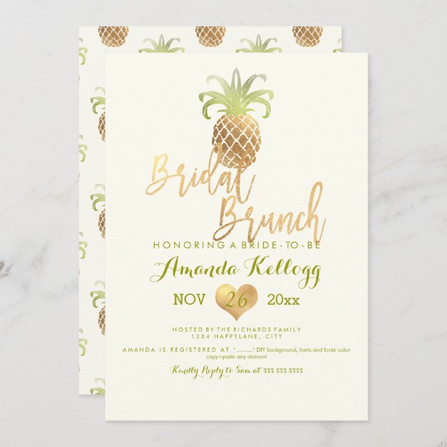 Invitation PixDezines Bridal Brunch/Faux Gold/Ananas (Devant / Derrière)