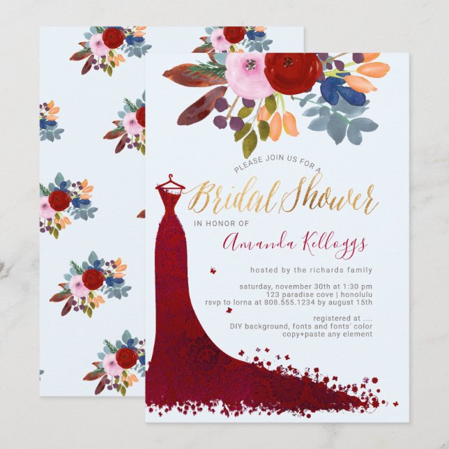 Invitation PixDezines Bridal Shower Aquarelle Rouge+Bleu (Devant / Derrière)
