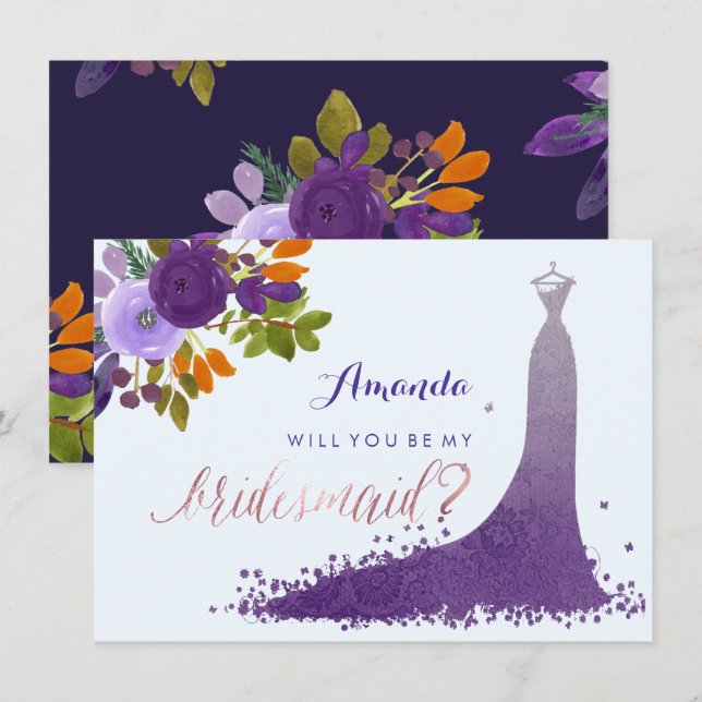 Invitation PixDezines Bridesmaid/Floral/Aquarelle/Violet (Devant / Derrière)