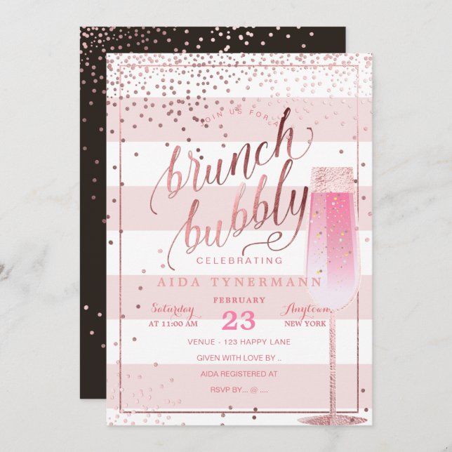 Invitation PixDezines Bruch+Bubbly Rose Gold Confetti (Devant / Derrière)