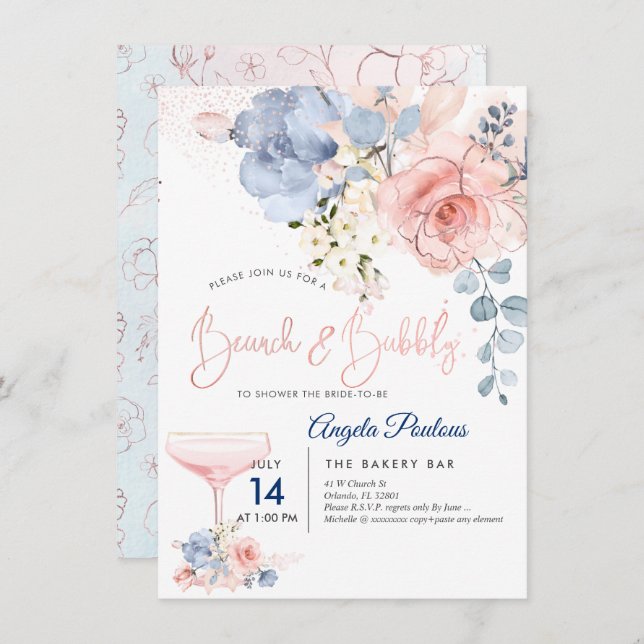 Invitation PixDezines Brunch Bubbly Blush+Blue H2 fleurs  (Devant / Derrière)