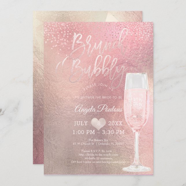 Invitation PixDezines Brunch Bubbly/Confetti+Ombre Rose (Devant / Derrière)