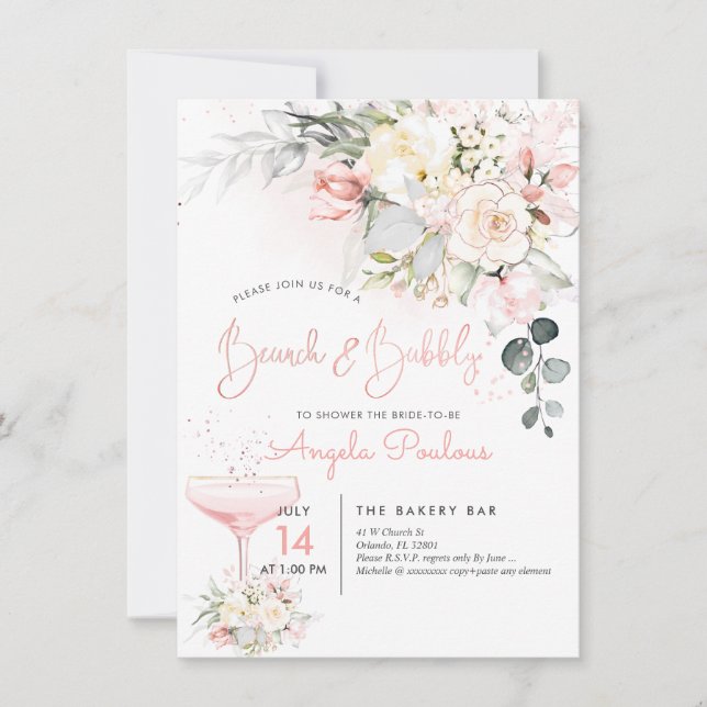 Invitation PixDezines Brunch Bubbly Crème Blush Roses (Devant)