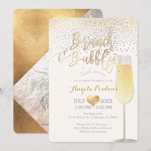 Invitation PixDezines Brunch Bubbly/Faux Silver+Gold Confetti (Devant / Derrière)