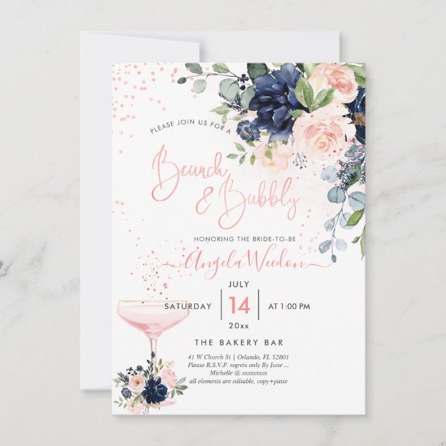 Invitation PixDezines Brunch Bubbly Navy Blush H2 fleurs Inv (Devant)