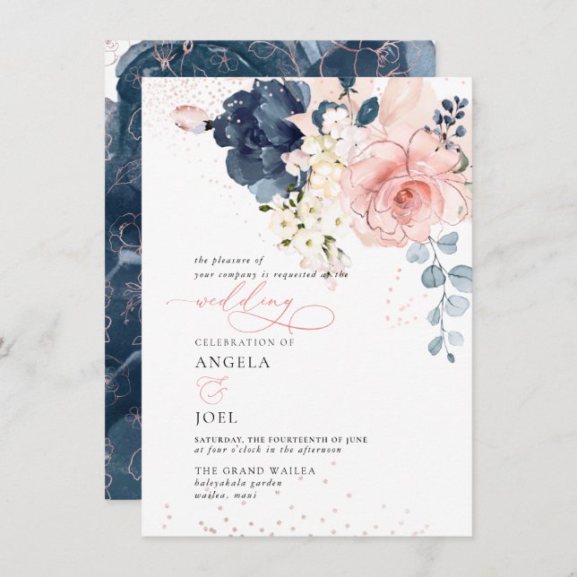 Invitation PixDezines Brunch Bubbly Navy Blush H2 fleurs Inv (Devant / Derrière)