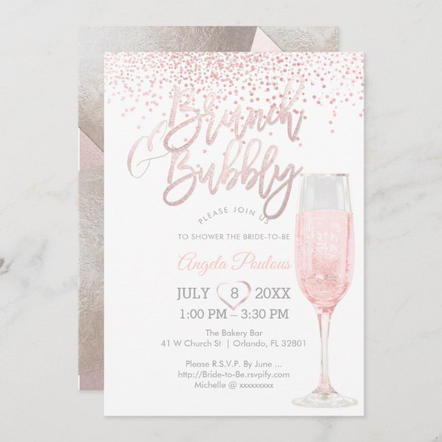 Invitation PixDezines Brunch Bubbly/Pink+Silver Confetti (Devant / Derrière)
