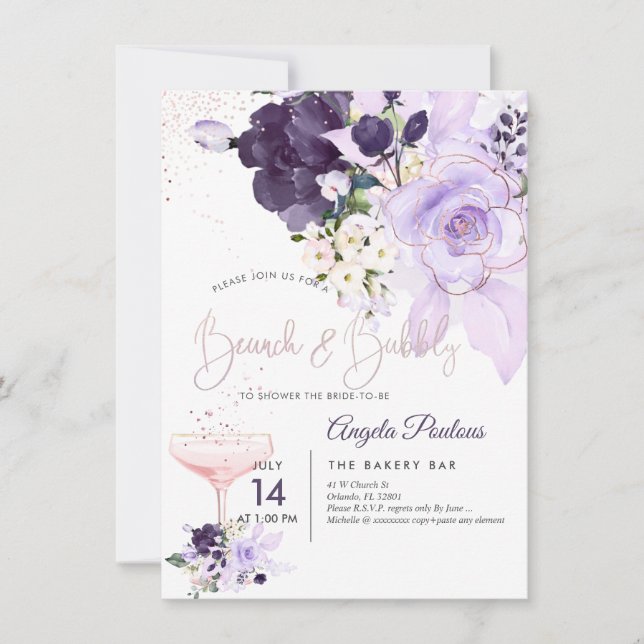 Invitation PixDezines Brunch Bubbly Purple H2 Fleurs Invitat (Devant)