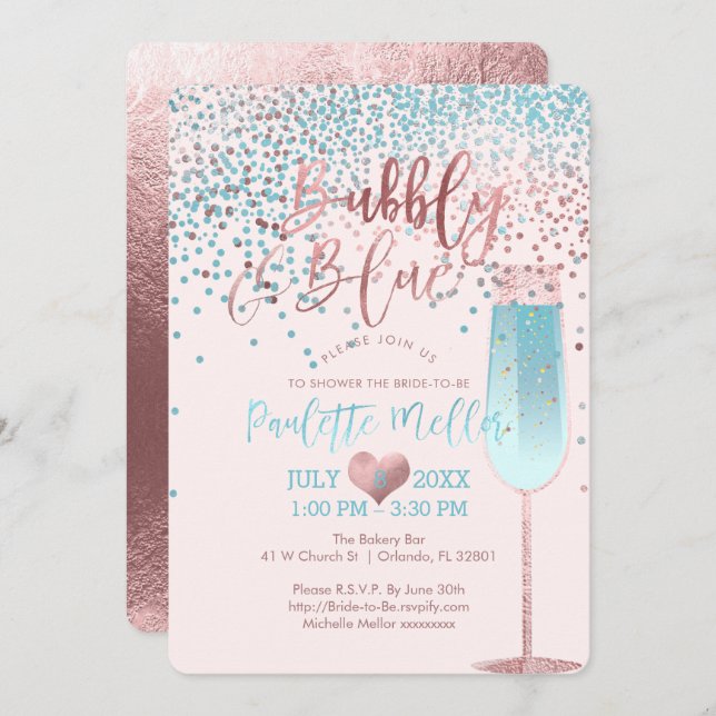 Invitation PixDezines Brunch N Bubbly/Rose Gold/Blue Confetti (Devant / Derrière)