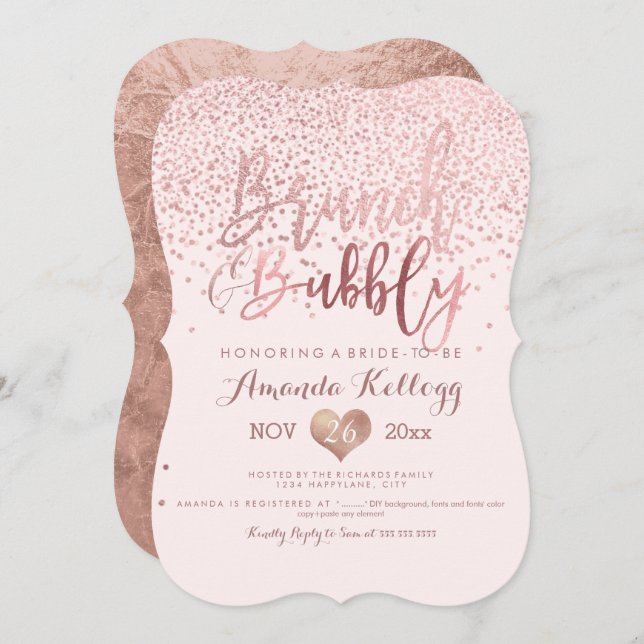 Invitation PixDezines Brunch N Bubbly/Rose Gold Confetti (Devant / Derrière)