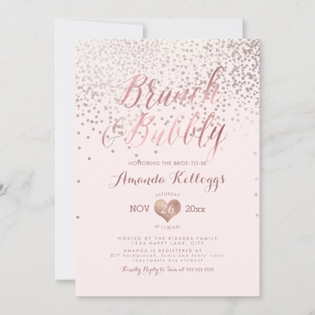 Invitation PixDezines Brunch N Bubbly/Rose Gold Confetti (Devant)