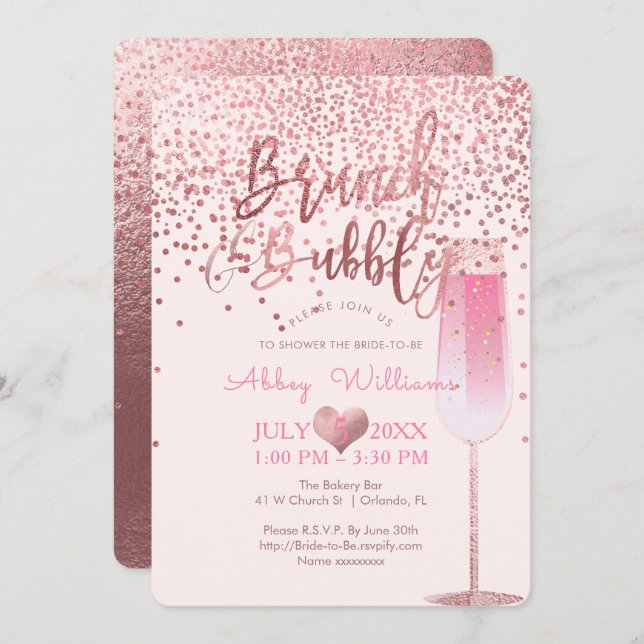 Invitation PixDezines Brunch N Bubbly/Rose Gold/Confetti (Devant / Derrière)