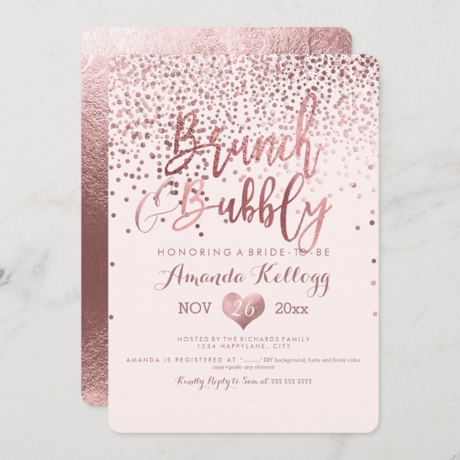 Invitation PixDezines Brunch N Bubbly/Rose Gold Confetti (Devant / Derrière)