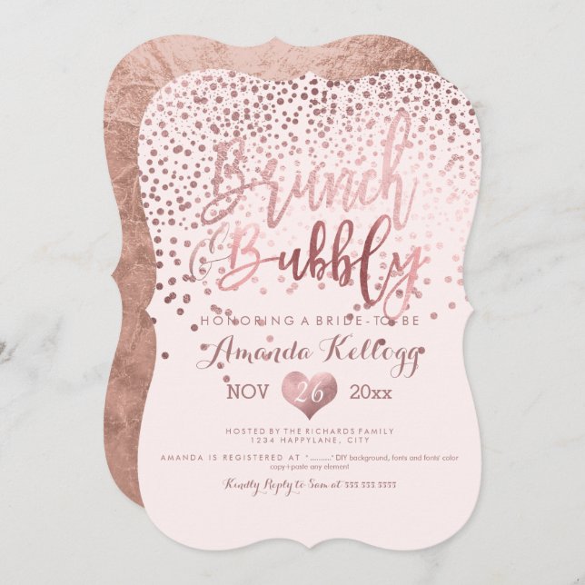 Invitation PixDezines Brunch N Bubbly/Rose Gold Confetti (Devant / Derrière)