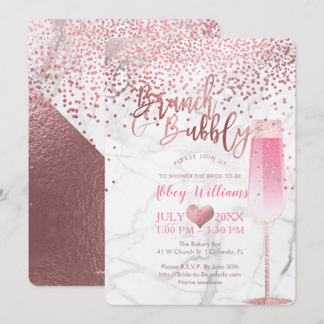 Invitation PixDezines Brunch N Bubbly/Rose Gold/Confetti (Devant / Derrière)