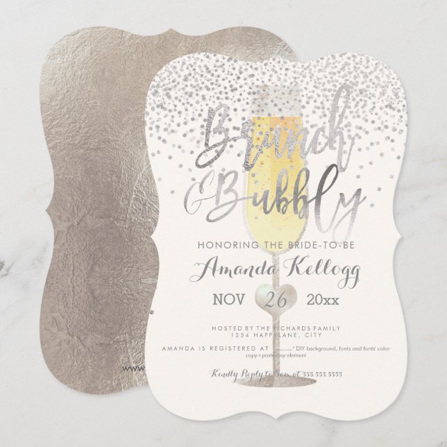 Invitation PixDezines Brunch N Bubbly/Silver Confetti (Devant / Derrière)