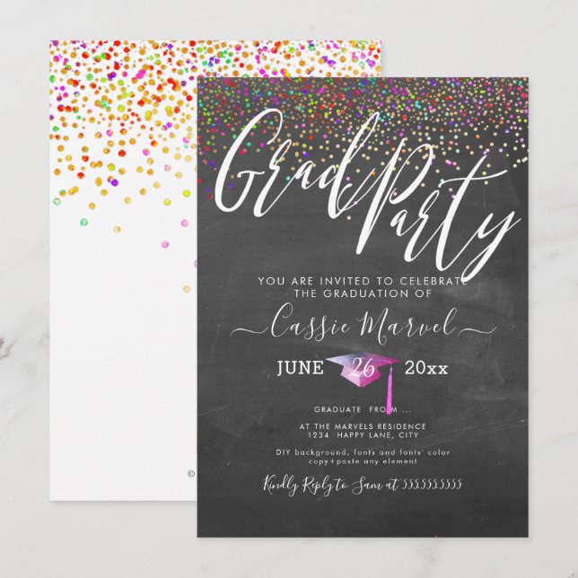 Invitation PixDezines Chalkboard Confetti Grad Party (Devant / Derrière)
