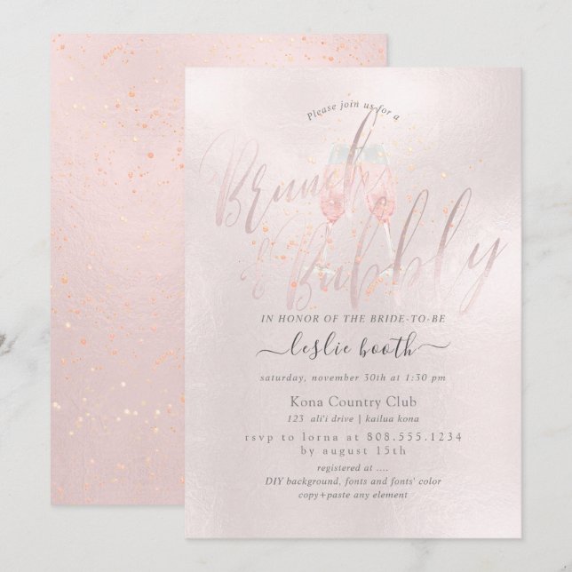 Invitation PixDezines Champagne rose pâle Brunch+Bubbly (Devant / Derrière)