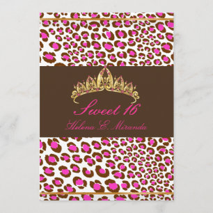 Invitation PixDezines chocolat Tiara+Leopard Sweet 16/rose