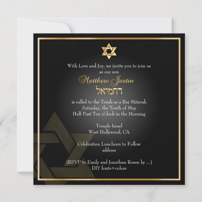 Invitation PixDezines Classic Bar Mitzvah/or+noir (Devant)
