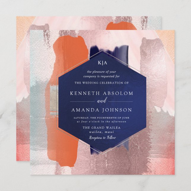 Invitation PixDezines Color Block Art moderne Coral Blush Nav (Devant / Derrière)