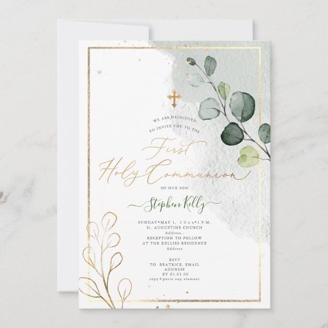 Invitation PixDezines Communions rustiques à l'aquarelle Euca (Devant)