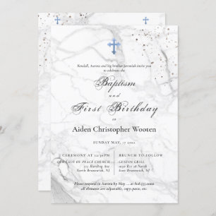 Invitation PixDezines Croix Bleue Marbre Baptême 1er annivers