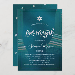 Invitation PixDezines Dark Turquoise+Platinum Talitz Bar Mitz