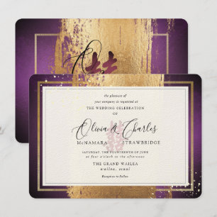 Invitation PixDezines Double Bonheur, Faux Gold Eggplant