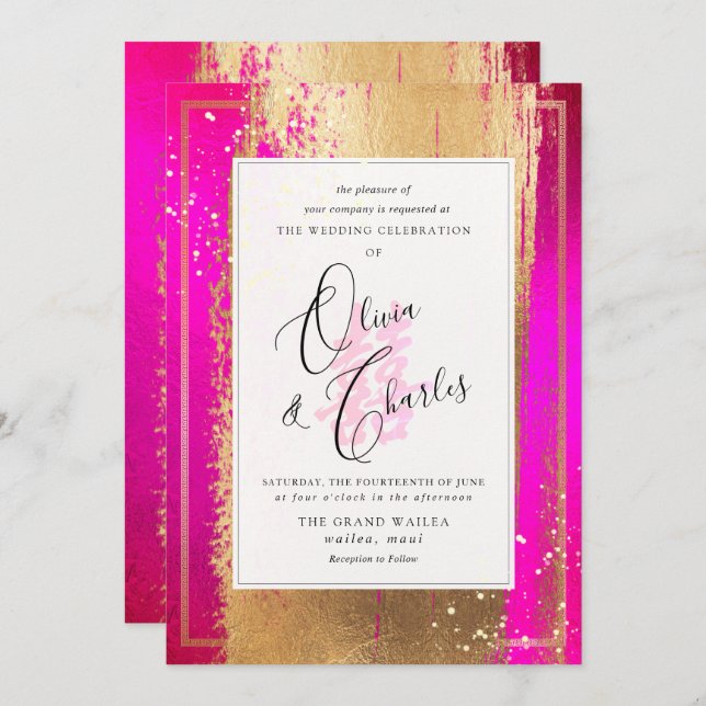 Invitation PixDezines Double Bonheur, Faux Gold Hot Pink (Devant / Derrière)