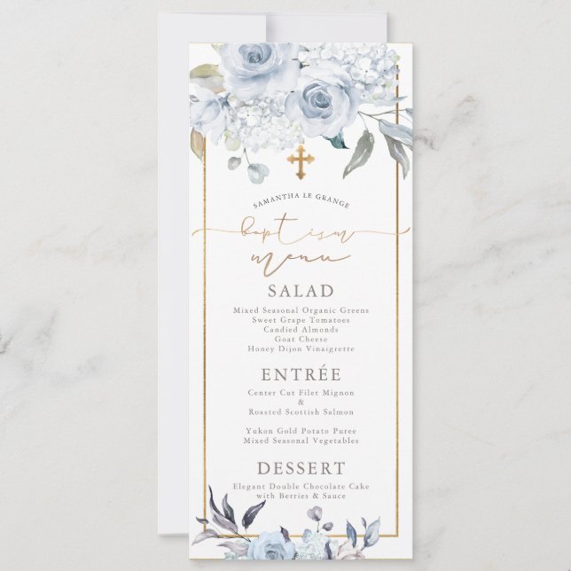 Invitation PixDezines Dusty Blue H2 Fleurs Menu Baptême (Devant)