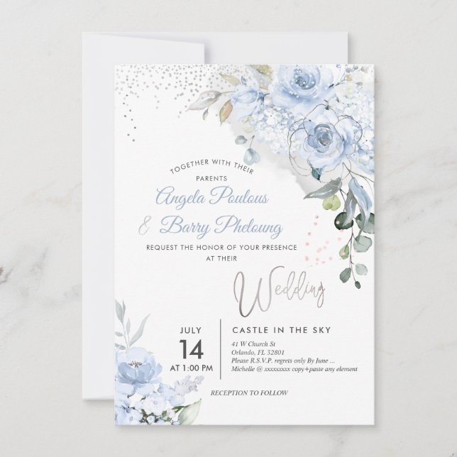 Invitation PixDezines Dusty Blue Roses Faux Parties scintilla (Devant)