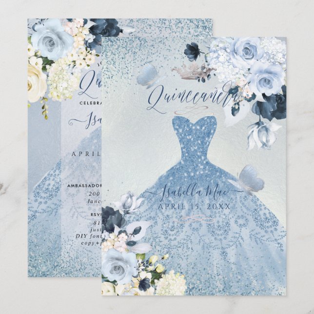 Invitation PixDezines Dusty Blue Roses Quinceanera (Devant / Derrière)
