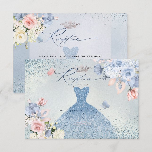 Invitation PixDezines Dusty Blue Roses Quinceanera Réception (Devant / Derrière)