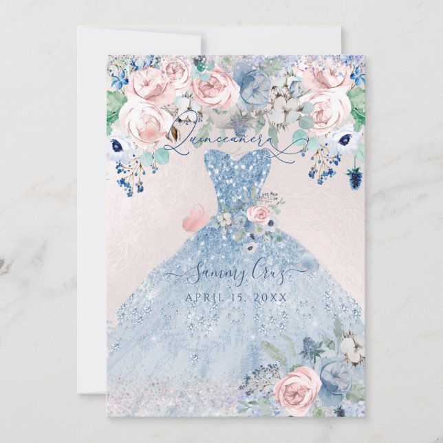 Invitation PixDezines Dusty Pink Blue Peonies Quinceanera (Devant)