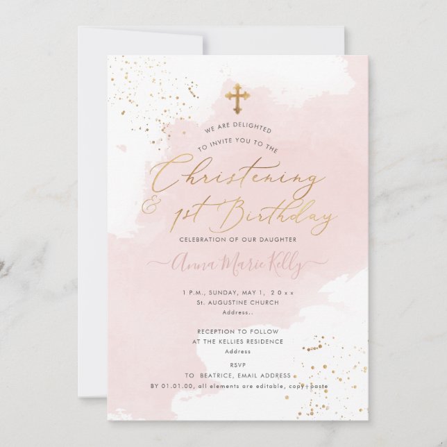 Invitation PixDezines Dusty Rose H2 Christening+1er Anniversa (Devant)