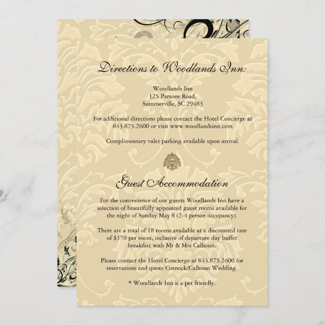 Invitation PixDezines EBONY SWIRLS/IVORY BAROQUE DAMASK (Devant / Derrière)