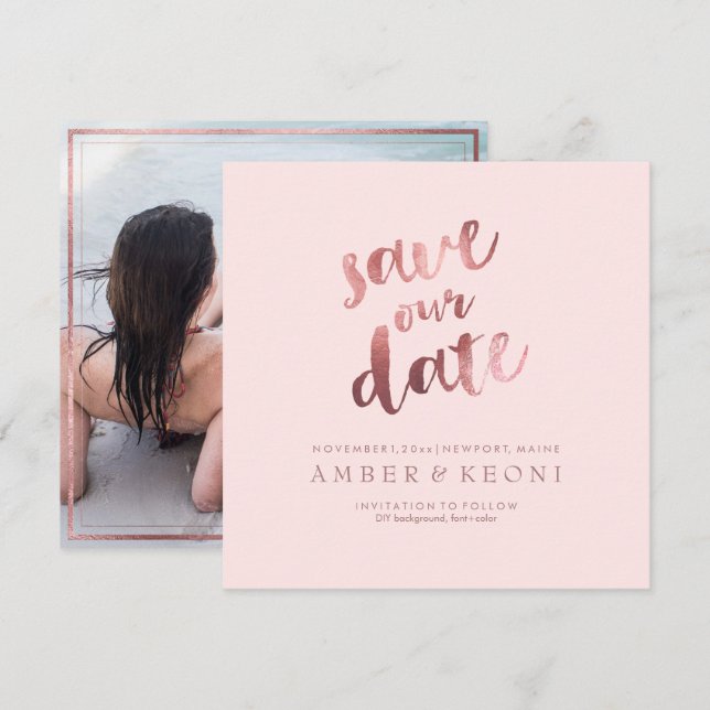 Invitation PixDezines Enregistrer la date/Faux Rose Gold/Marb (Devant / Derrière)