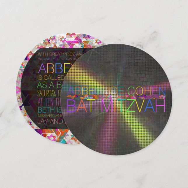 Invitation PixDezines étoiles psychédéliques/neon/bar mitzvah (Devant / Derrière)