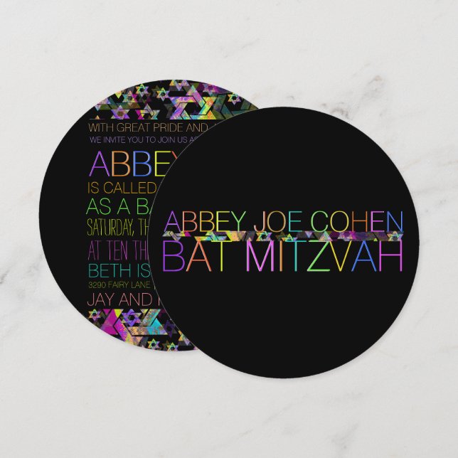Invitation PixDezines étoiles psychédéliques/néon/bat mitzvah (Devant / Derrière)